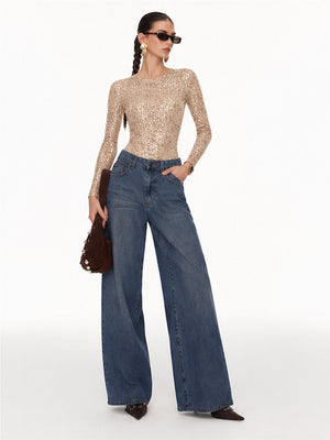 Long-sleeved, Slim-fit, Round Neck, Shimmering, Openwork Bodysuit