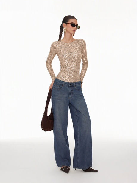 Long-sleeved, Slim-fit, Round Neck, Shimmering, Openwork Bodysuit