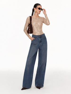 Long-sleeved, Slim-fit, Round Neck, Shimmering, Openwork Bodysuit