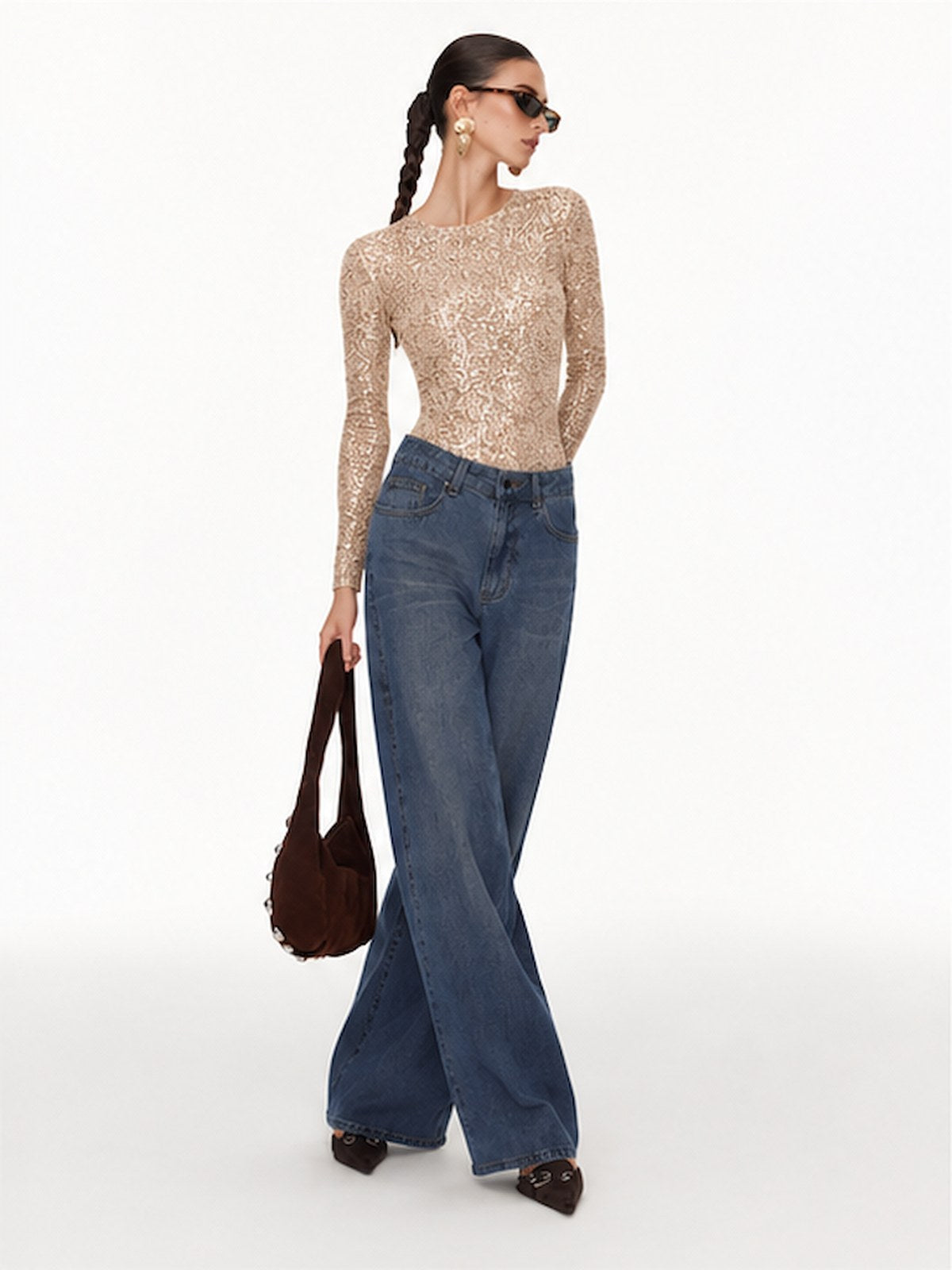Long-sleeved, Slim-fit, Round Neck, Shimmering, Openwork Bodysuit
