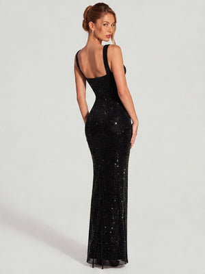 Sexy Double-strap Sequined Rhinestone Halter Top With Cinched Waist And Bodycon Silhouette Long Dress