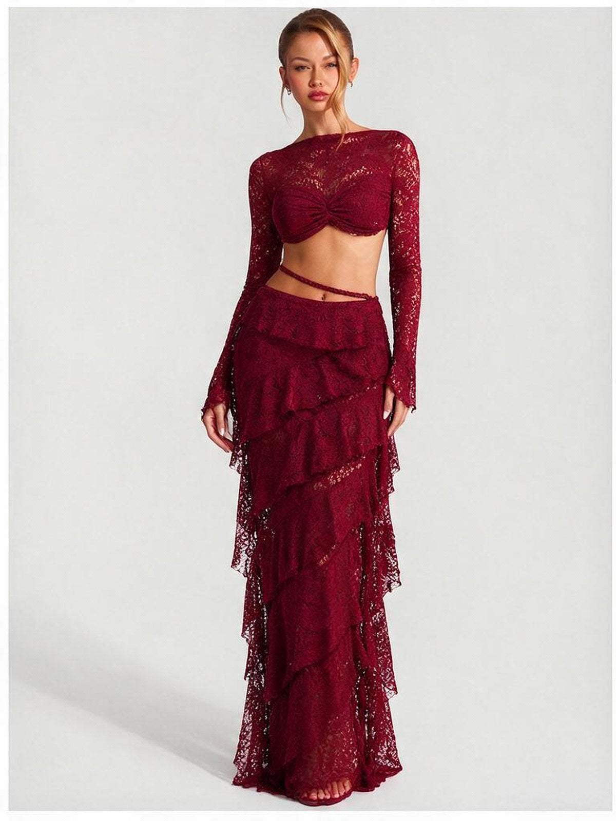 Lace Round Neck Long-sleeved Bell Sleeve Top And Layered Ribbon Skirt Two-piece Set