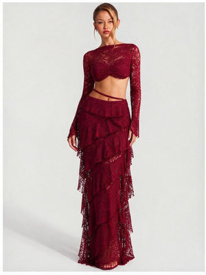 Lace Round Neck Long-sleeved Bell Sleeve Top And Layered Ribbon Skirt Two-piece Set
