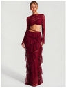 Lace Round Neck Long-sleeved Bell Sleeve Top And Layered Ribbon Skirt Two-piece Set