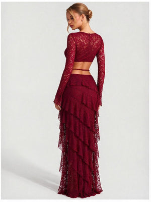 Lace Round Neck Long-sleeved Bell Sleeve Top And Layered Ribbon Skirt Two-piece Set