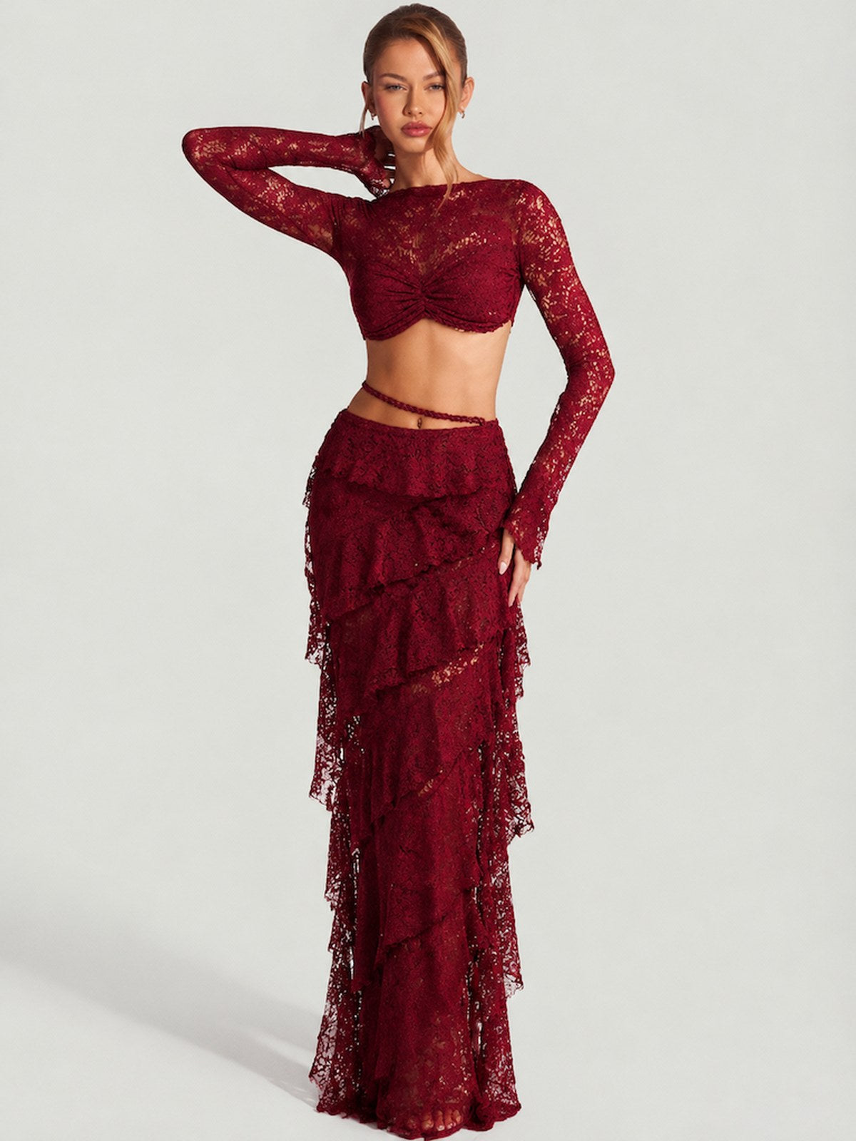 Lace Round Neck Long-sleeved Bell Sleeve Top And Layered Ribbon Skirt Two-piece Set