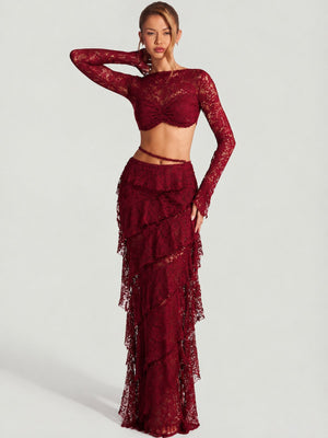 Lace Round Neck Long-sleeved Bell Sleeve Top And Layered Ribbon Skirt Two-piece Set