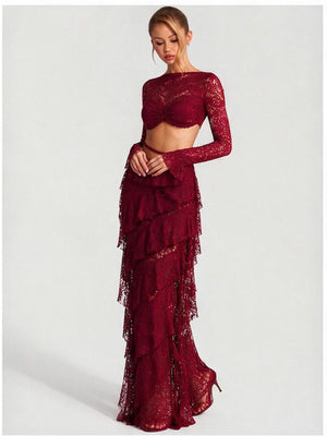 Lace Round Neck Long-sleeved Bell Sleeve Top And Layered Ribbon Skirt Two-piece Set