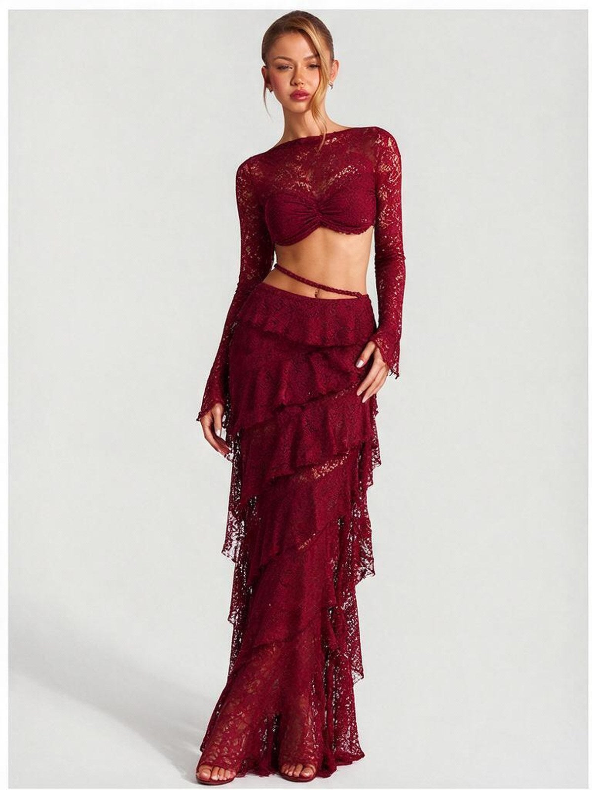 Lace Round Neck Long-sleeved Bell Sleeve Top And Layered Ribbon Skirt Two-piece Set