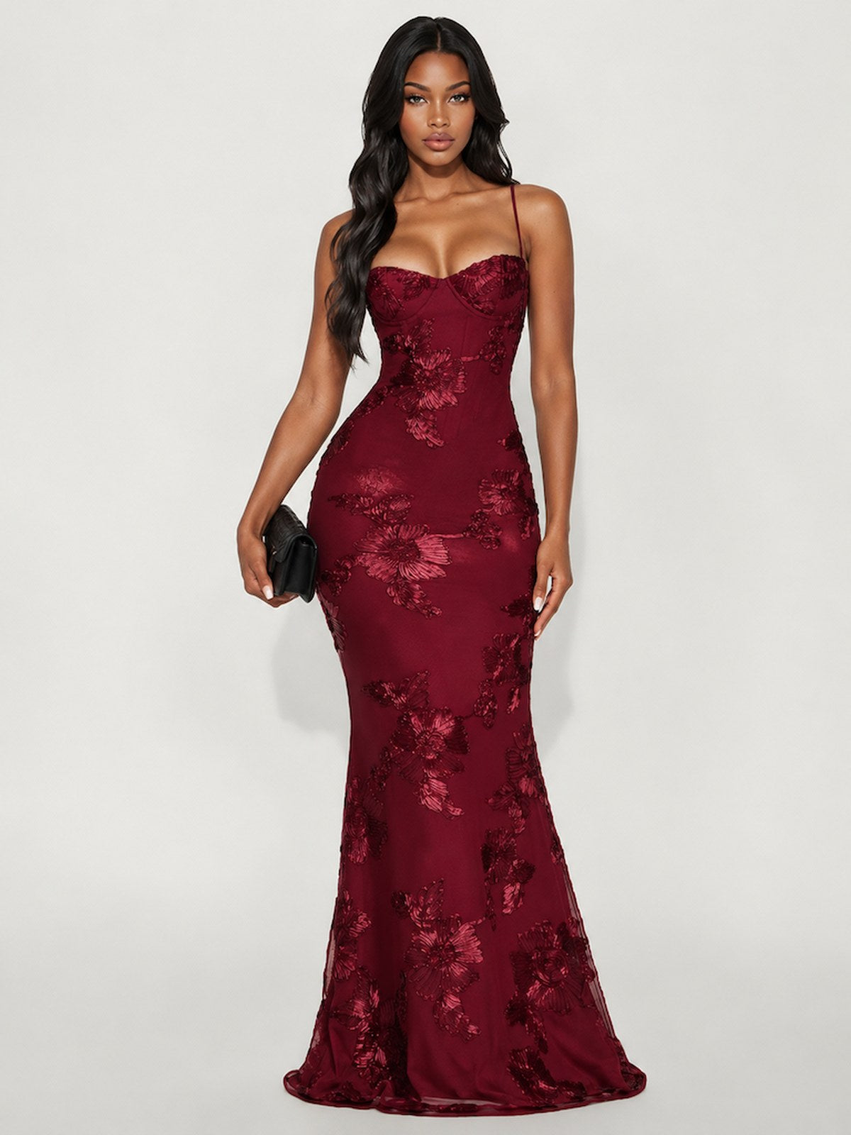 3D Embroidered Backless Cross-Strap Spaghetti Strap Long Dress