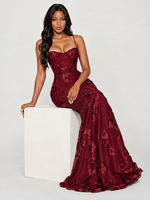 3D Embroidered Backless Cross-Strap Spaghetti Strap Long Dress