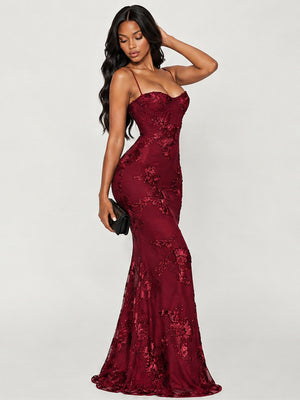 3D Embroidered Backless Cross-Strap Spaghetti Strap Long Dress