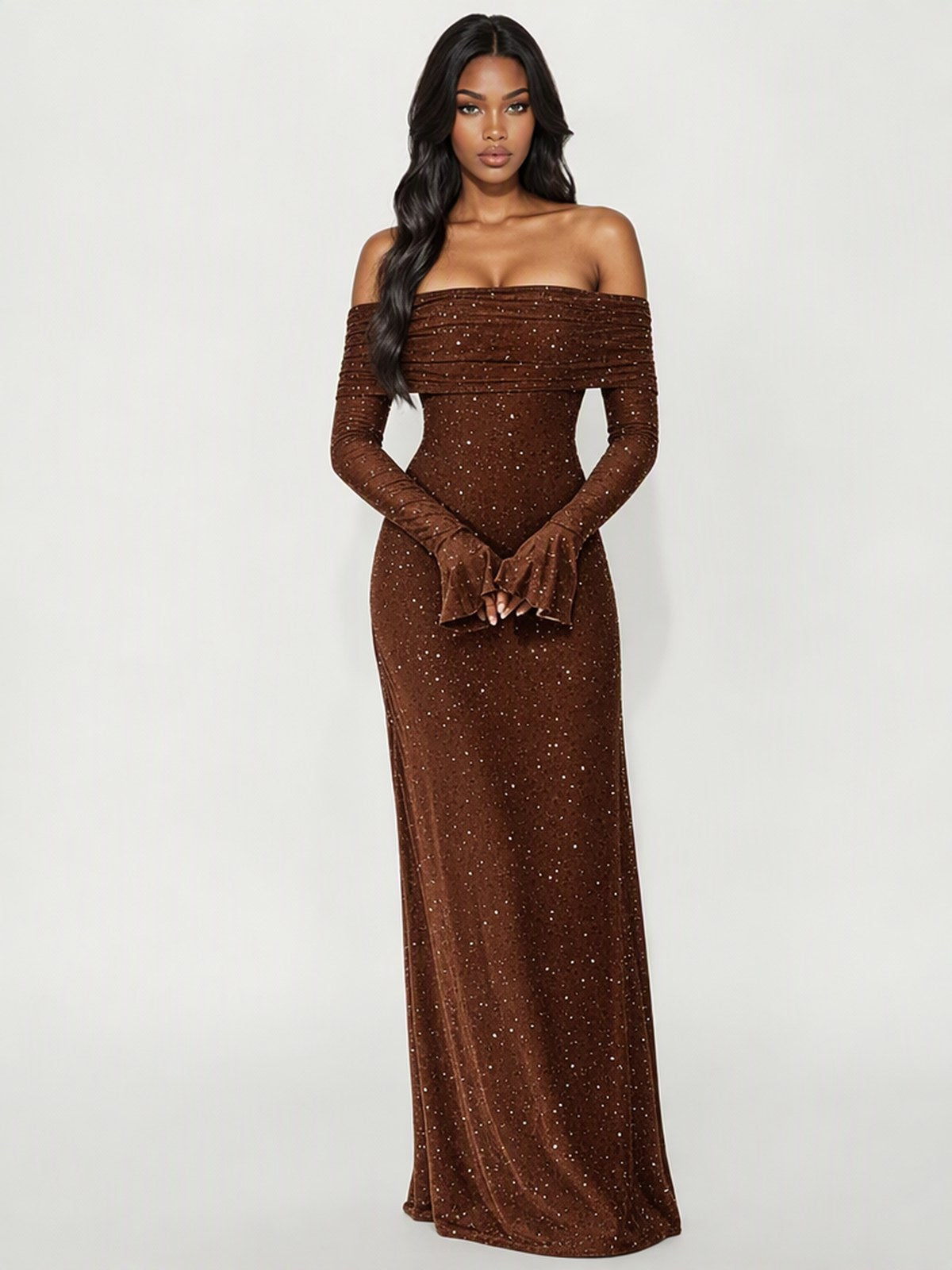 Sexy Off-the-shoulder Flared Long-sleeved Bodycon Sequined Maxi Dress