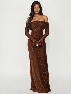 Sexy Off-the-shoulder Flared Long-sleeved Bodycon Sequined Maxi Dress