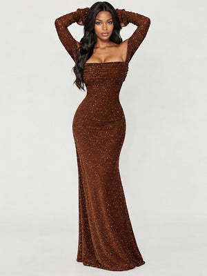 Sexy Off-the-shoulder Flared Long-sleeved Bodycon Sequined Maxi Dress