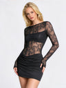 Mesh And Lace Patchwork Jacquard Bodycon Mini Dress