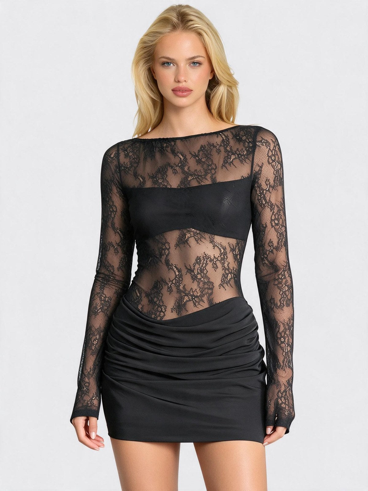 Mesh And Lace Patchwork Jacquard Bodycon Mini Dress