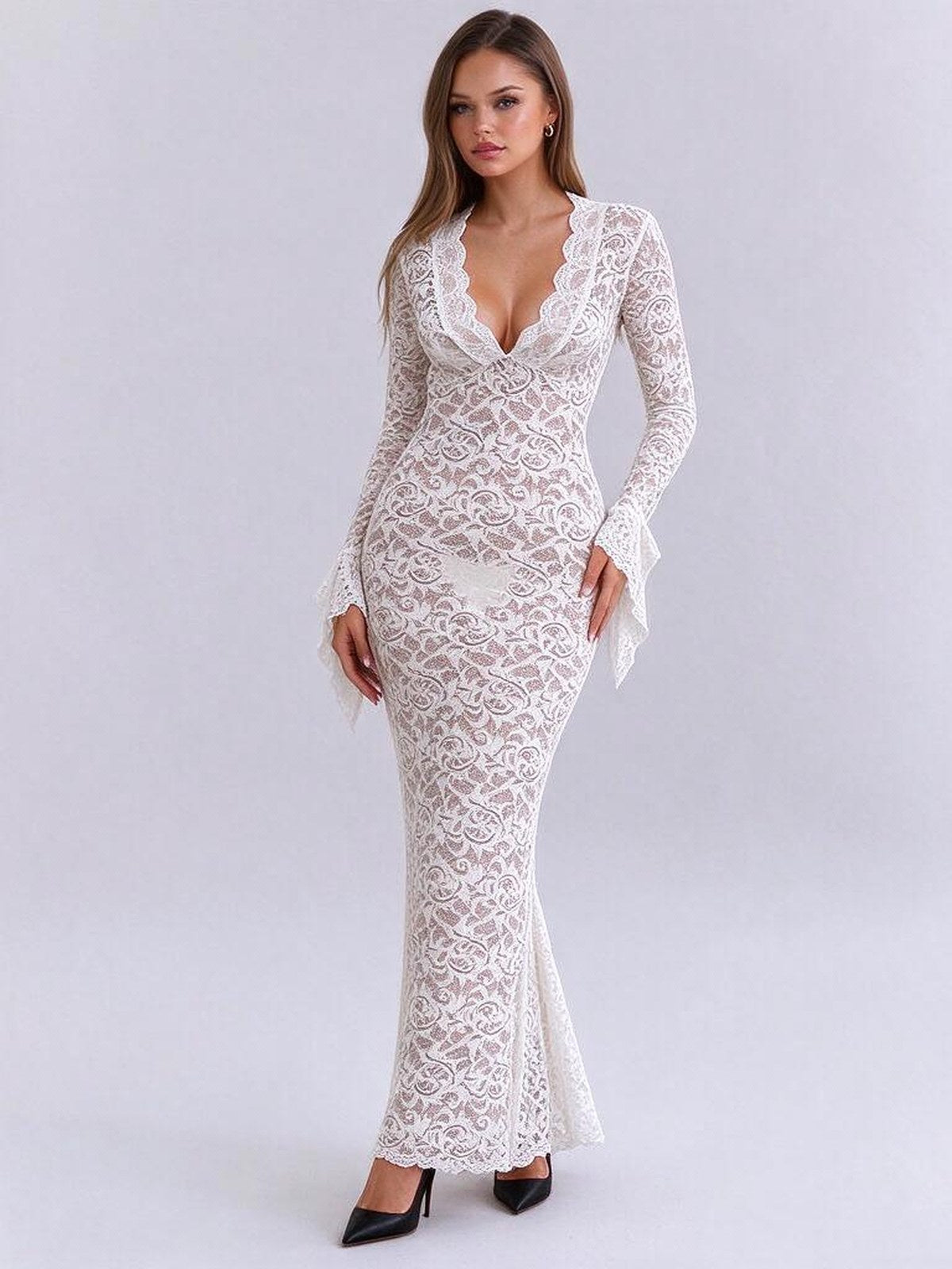 Lace Deep V-neck Flared Long-sleeved Dress