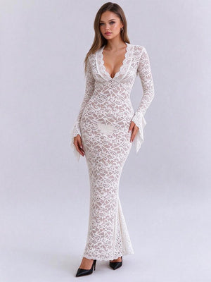 Lace Deep V-neck Flared Long-sleeved Dress