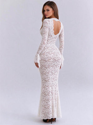 Lace Deep V-neck Flared Long-sleeved Dress