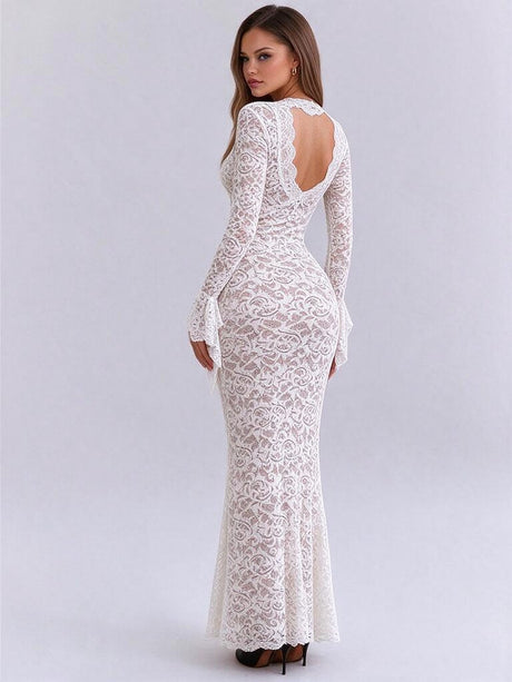 Lace Deep V-neck Flared Long-sleeved Dress
