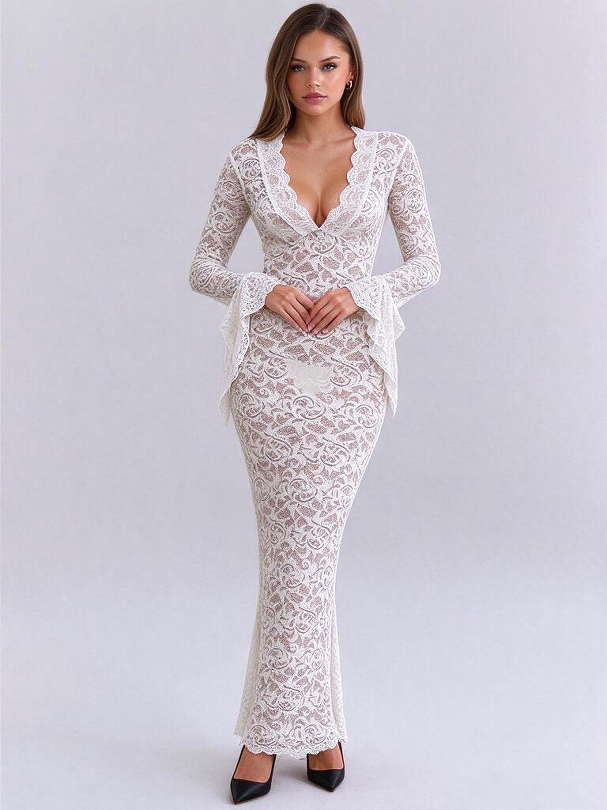 Lace Deep V-neck Flared Long-sleeved Dress