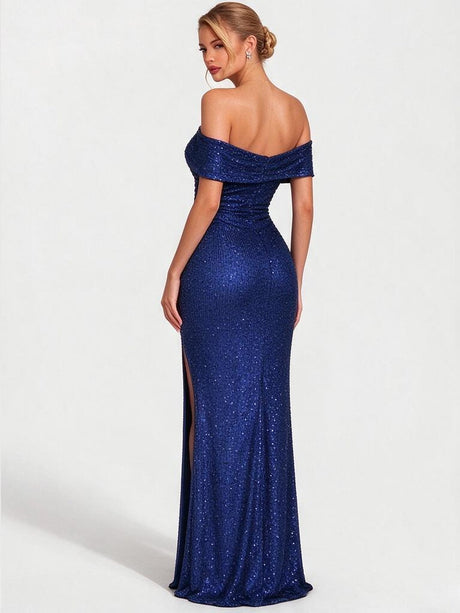 Sequined, Elegant, Asymmetrical Neckline, High Slit Long Dress