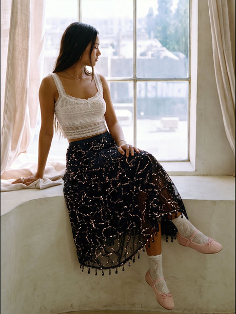 Black Sequined A-line Skirt