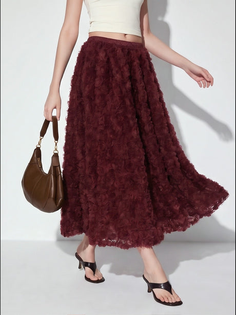 Burgundy 3D Floral Midi Skirt