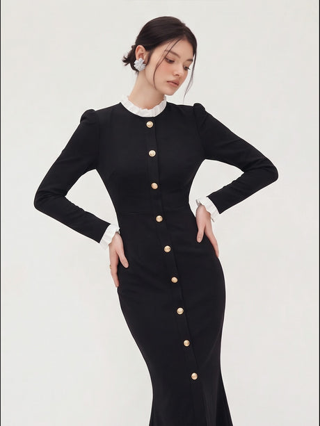 Black And White Color-blocked Velvet Fitted Long Dress