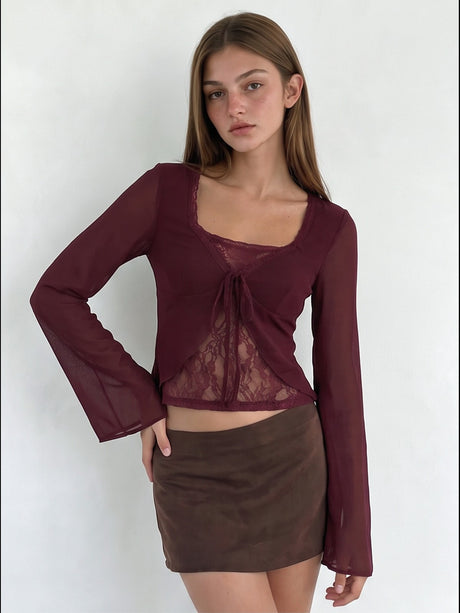Lace-trimmed Bow-tie Bell-sleeve T-shirt