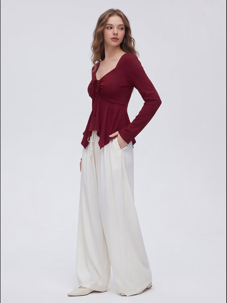 Bow Tie Long-sleeved T-shirt With Irregular Hem