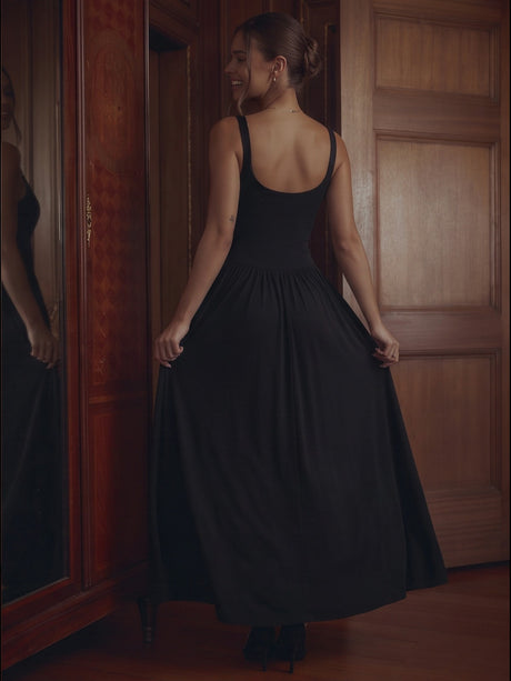 Black Metallic Embellished Spaghetti Strap Maxi Dress