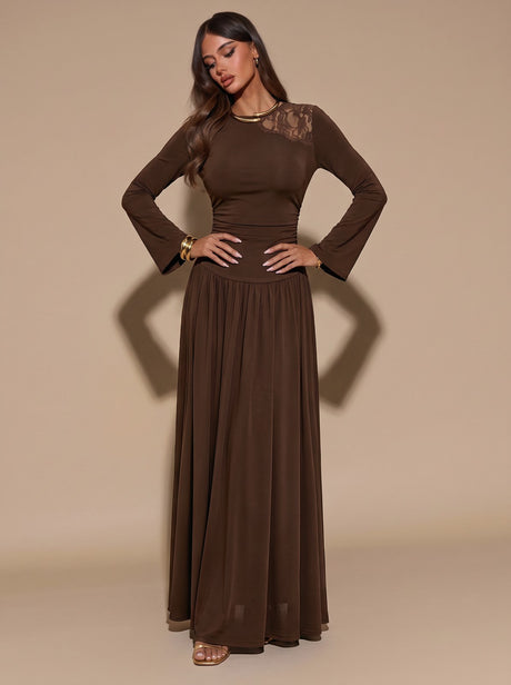Lace-trimmed, Openwork Long-sleeved Dress