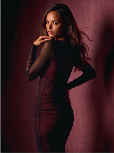 Burgundy Sheer Long-sleeved Square-neck Fitted Long Dress