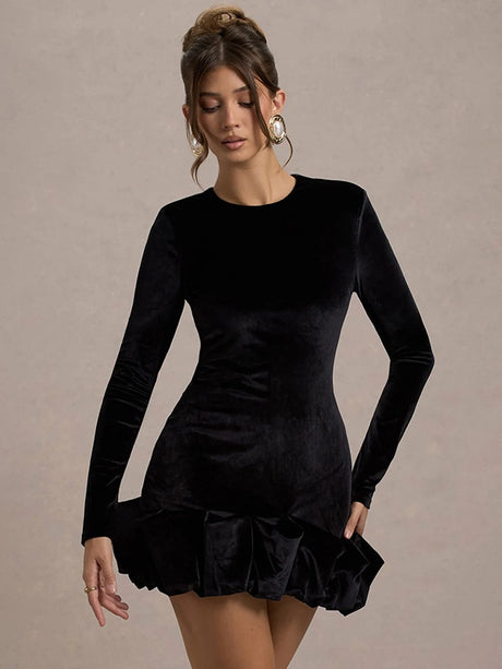 Velvet Round Neck, Three-dimensional Pleated Hem, Long Sleeves, Short Dress