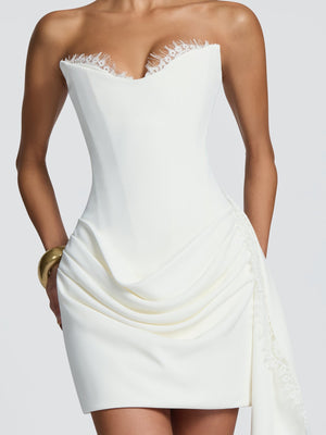 Lace Strapless Neckline, Lace Trim, Long Ribbon Short Dress