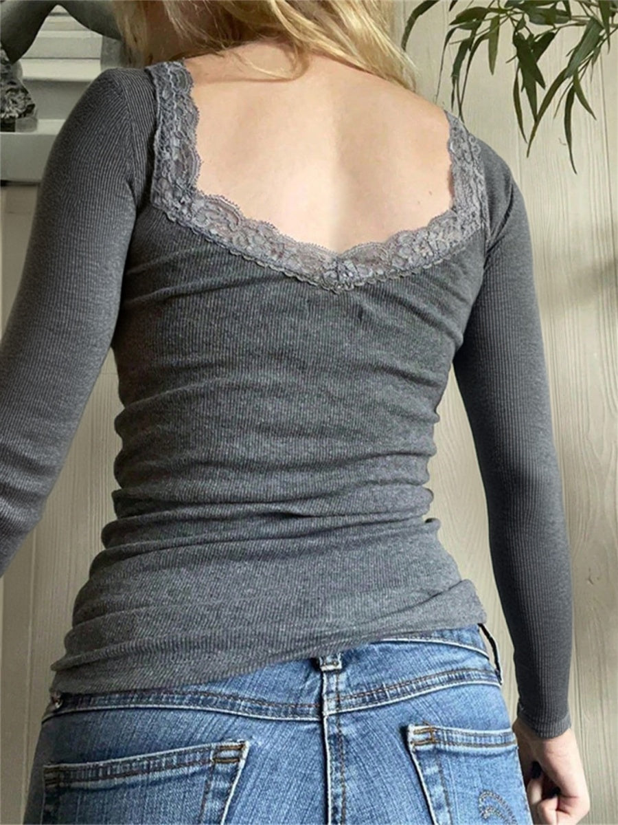 Lace-trimmed Solid Color Long-sleeved Slim-fit Ribbed U-neck T-shirt