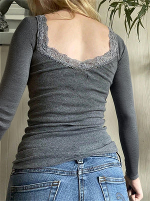 Lace-trimmed Solid Color Long-sleeved Slim-fit Ribbed U-neck T-shirt