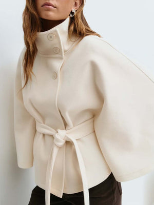 Stand Collar Large Sleeves Buttons Straps Solid Color Coats