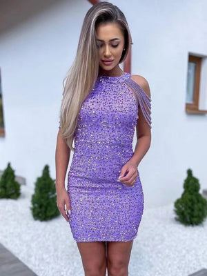 Halter Neck, Off-shoulder, Tassel, Bodycon, Crystal-trimmed Sequined Short Dress