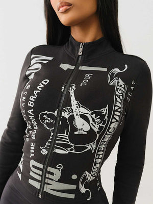 Printed Slim-fit Shorts Long-sleeved Zip-up Top 2-piece Sets