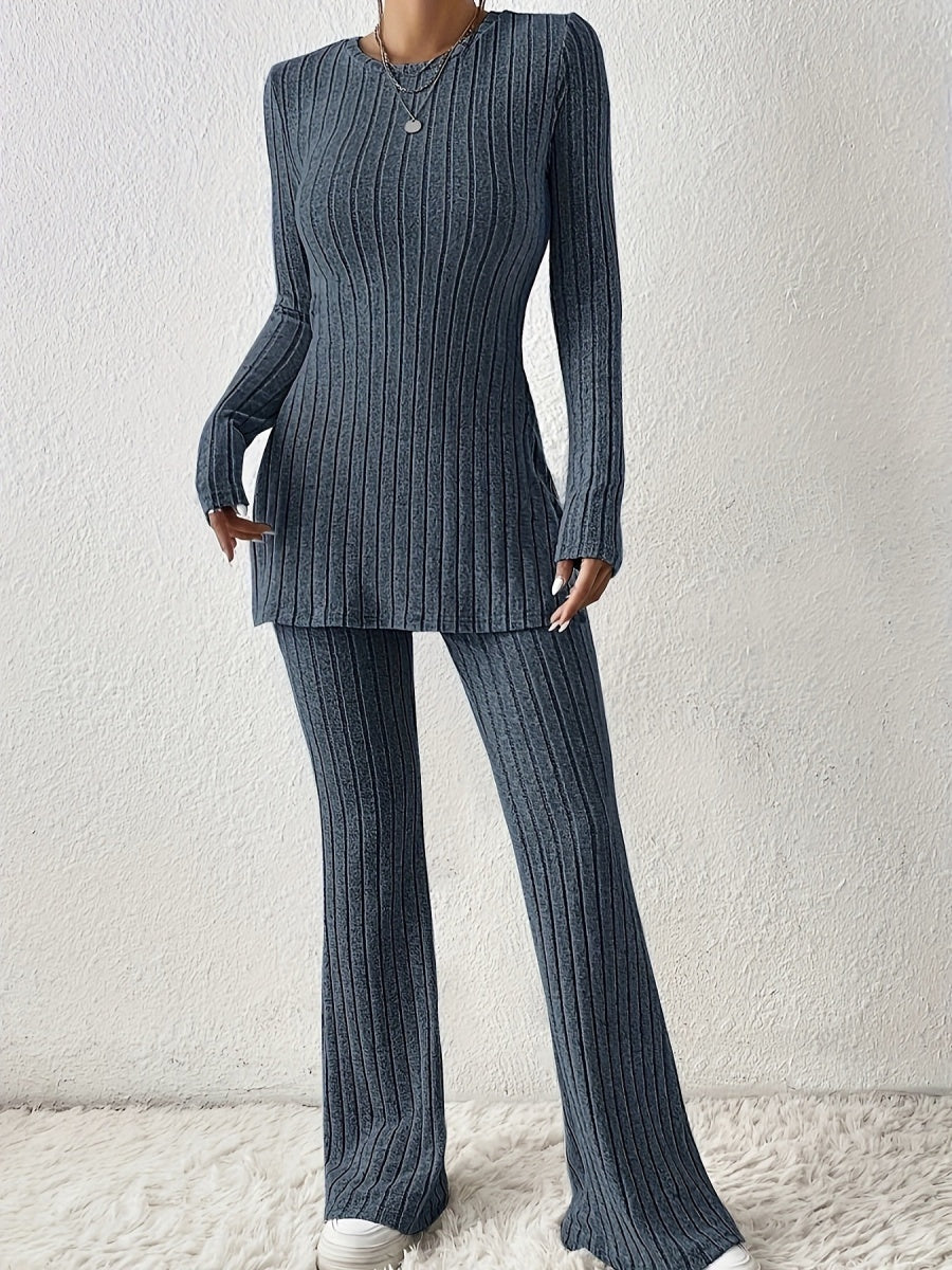 Leisure Long Sleeve Crew Neck Slit Pure Color 2-piece Sets