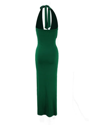 V-neck Halter Temperament Pleated Hip-hugging Big Backless Midi Dresses