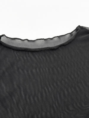 Round Neck Long-sleeved Mesh-paneled Short Dress