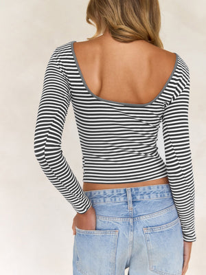 Simplicity Contrasting Colors Stripes Backless Long Sleeve T-shirts