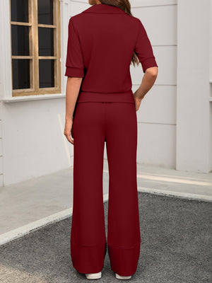 Collared Short-sleeved Top And Elastic Wide-leg Pants Two-piece Set