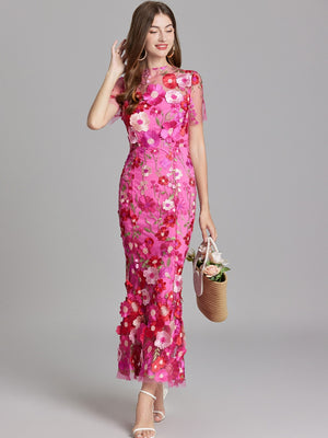 Embroidered 3D Floral Fitted Waist Short-sleeved Long Dress