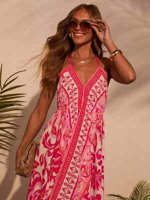 Ethnic-style Printed Off-shoulder V-neck Spaghetti Strap Long Dress