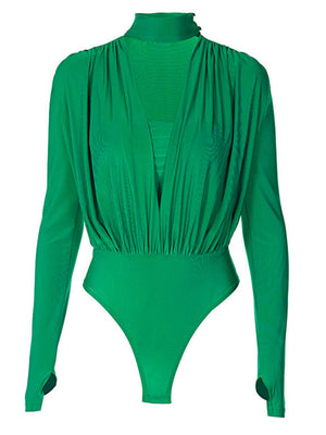 V-neck Slim Fit Pleated Decoration Base Layer Splicing Long-sleeved Bodysuit